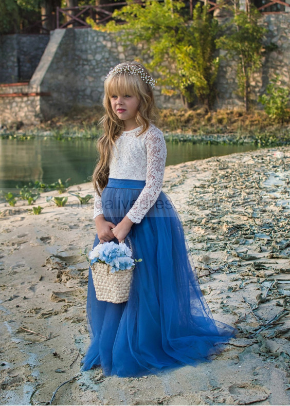 Ivory Lace Blue Tulle Two-tone Long Flower Girl Dress